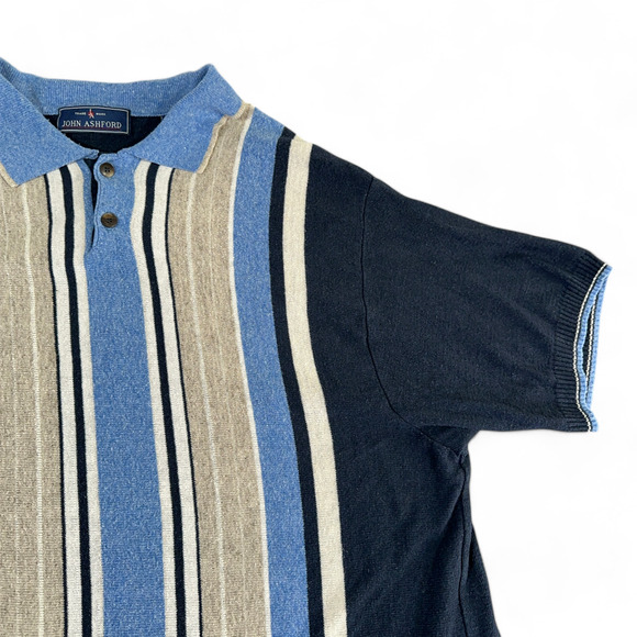 Vintage John Ashford Polo Shirt Adult MEDIUM Blue Brown Stripes Linen Blend 90s - Picture 2 of 8